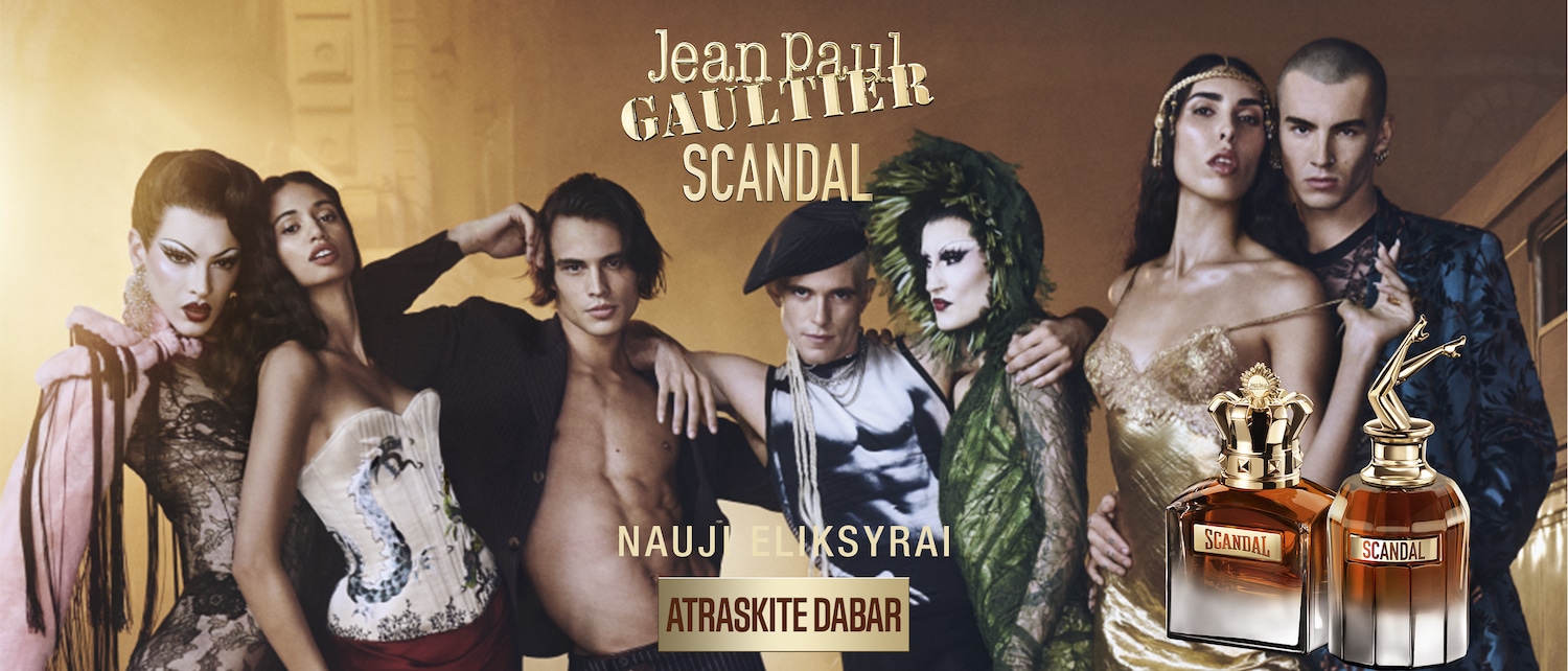 Atraskite Jean Paul Gaultier Scandal naujienas! Reklaminiame kadre pozuoja įvairūs modeliai, o priekyje matomi du Scandal kvepalų buteliukai. Ieškokite dabar!