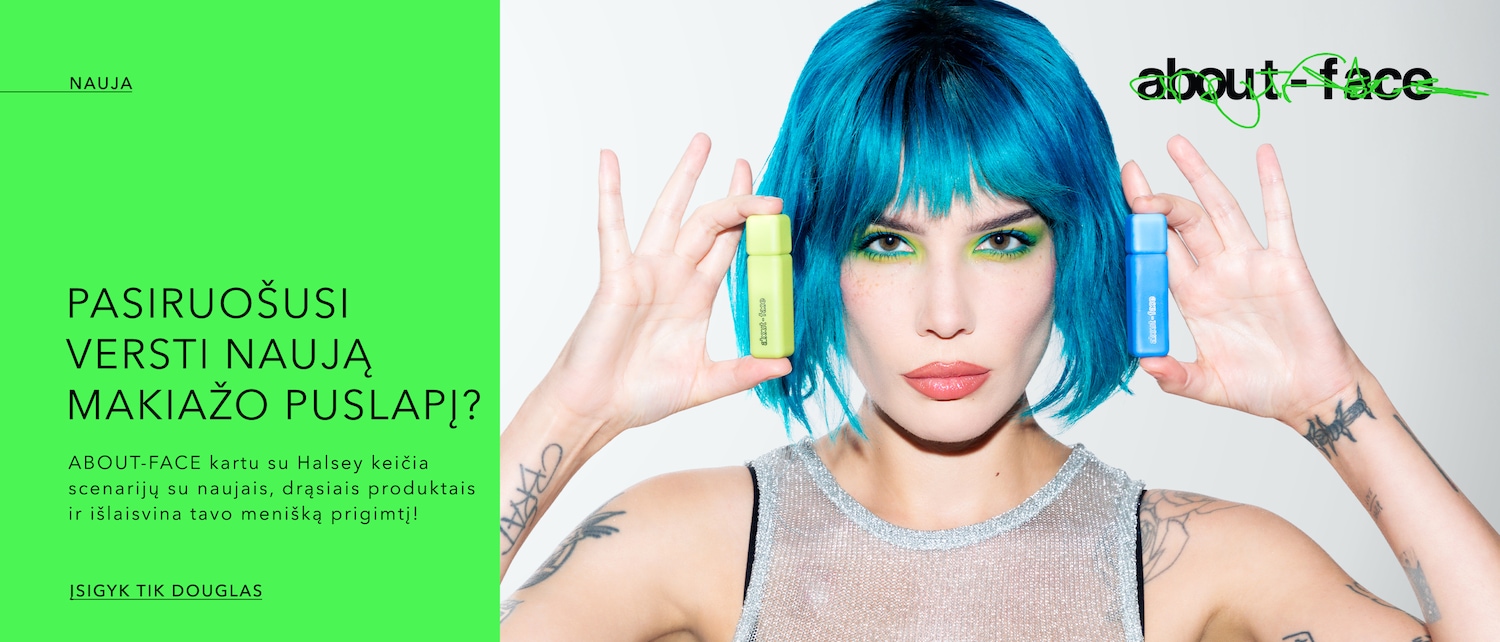 Advertisement for About-Face cosmetics featuring Halsey with blue hair, holding a light green and blue bottle of makeup, with the text: Ready to turn a new page of makeup? Buy only at Douglas.