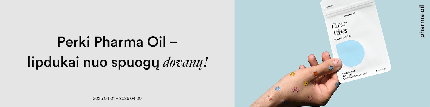 Įsigykite Pharma Oil lipdukus nuo spuogų dovanų! Ant rankos matomi lipdukai su šypsenėlėmis, žvaigždutėmis ir širdelėmis, o šalia pakuotė su užrašu Clear Vibes Pimple patches.