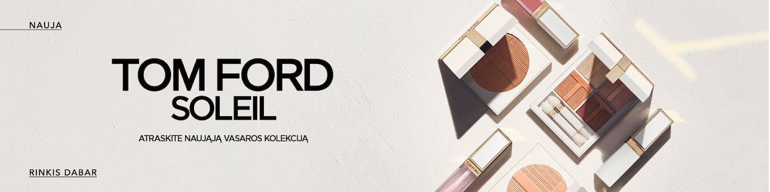 Tom Ford Soleil vasaros kolekcijos makiažo priemonių baneris su bronzantais ir lūpų blizgiais.