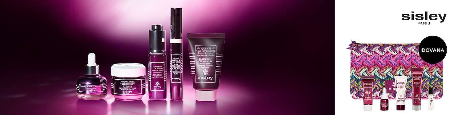 Collection of Sisley Paris Black Rose skincare products, including cream, serum, and eye fluid, presented in sleek, dark packaging against a gradient purple backdrop.