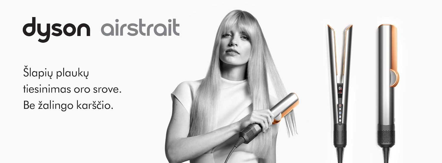 Dyson Airstrait reklaminis plakatas, kuriame pavaizduota moteris, tiesinanti šlapius plaukus oro srove be žalingo karščio, šalia jos matomas pats plaukų tiesintuvas.