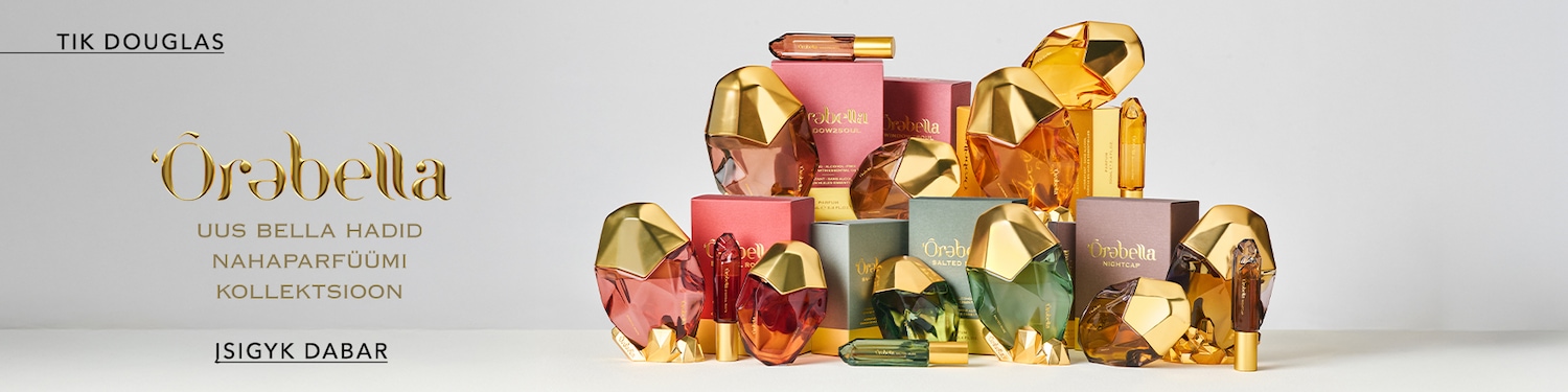 Discover Òrabella by Bella Hadid, a new collection of skin perfumes available at Douglas, featuring uniquely shaped bottles with golden caps in pink, green, yellow and brown.