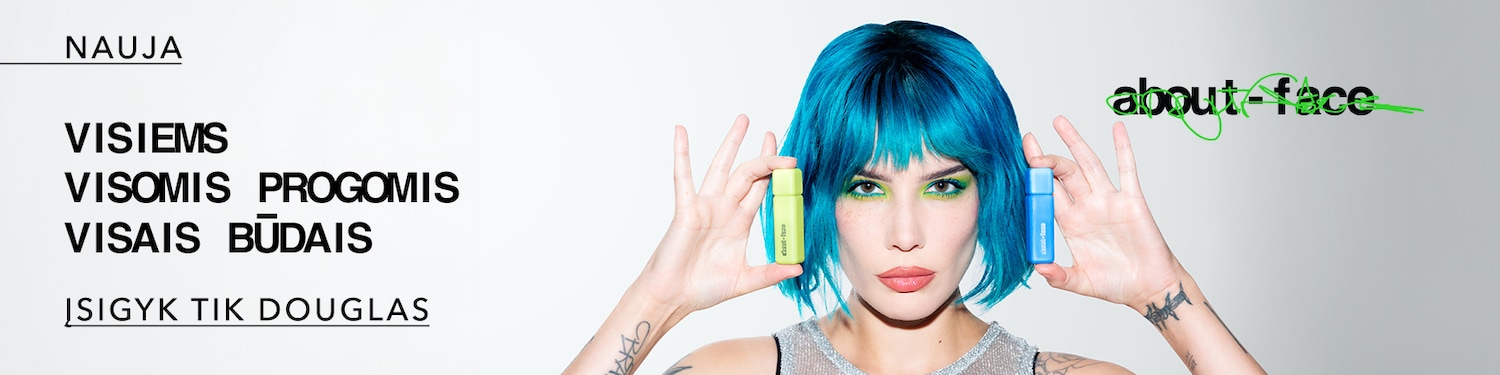 Šis „About-face“ reklaminis plakatas, kuriame pavaizduota moteris ryškiai mėlynais plaukais, laiko po vieną ryškiai žalią ir mėlyną „About-face“ kosmetikos gaminį abiejose rankose.