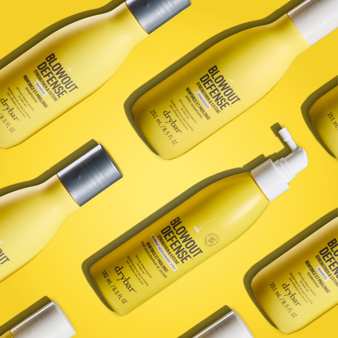 Try „Drybar Blowout Defense“ plaukų priežiūros priemones, kurios stiprina ir apsaugo plaukus, kad jie būtų sveiki ir žvilgantys.