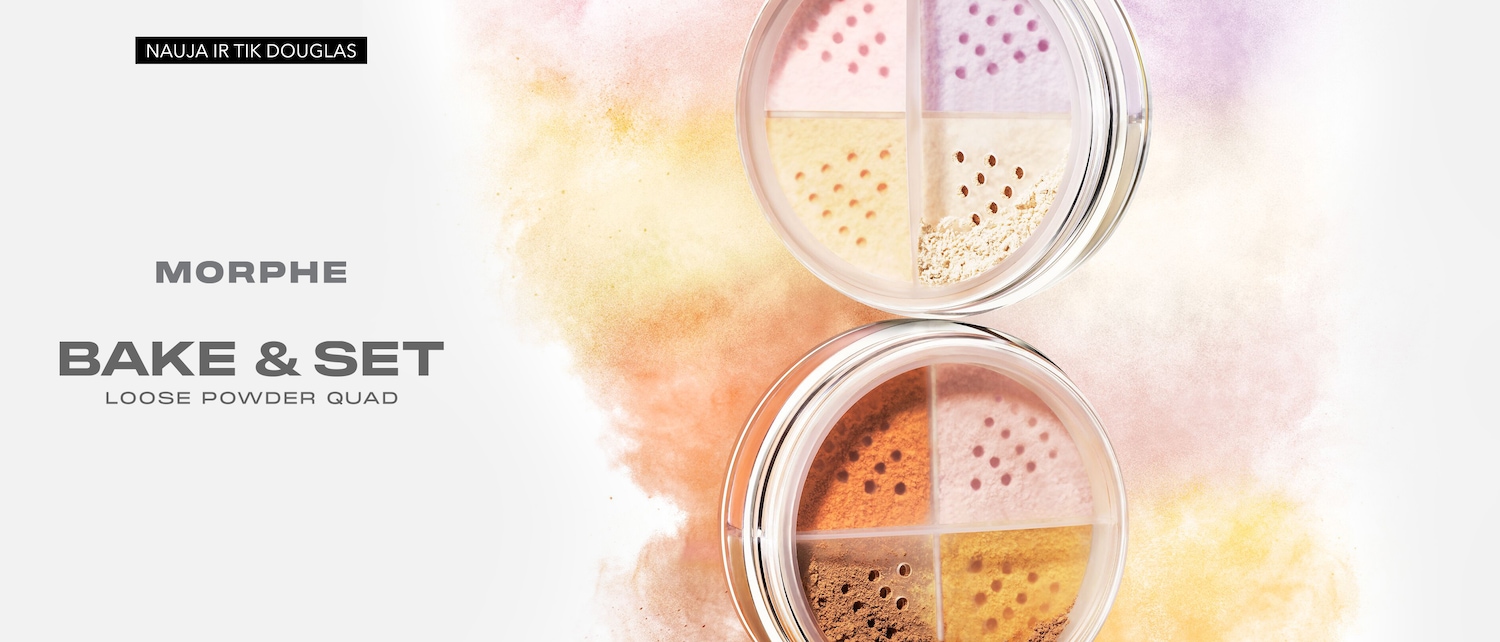 Morphe Bake & Set Loose Powder Quad pudra, kuri yra nauja ir tik Douglas parduotuvėse, yra dviejų atspalvių, šviesesnės ir tamsesnės, su keturiomis skirtingomis spalvomis kiekvienoje.