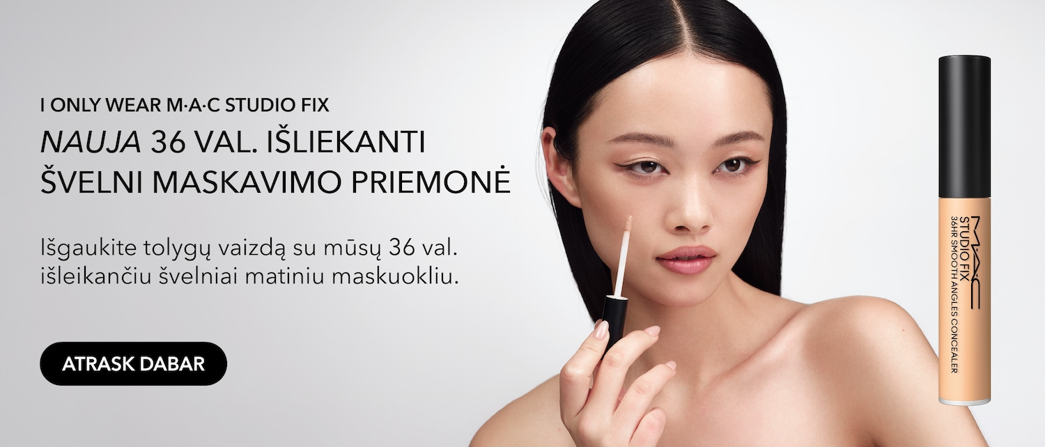 Advertisement for M·A·C Studio Fix 36HR Smooth Angles Concealer, featuring a woman applying the concealer to her face with the applicator, text says 'I ONLY WEAR M·A·C STUDIO FIX' and 'ATRASK DABAR'.