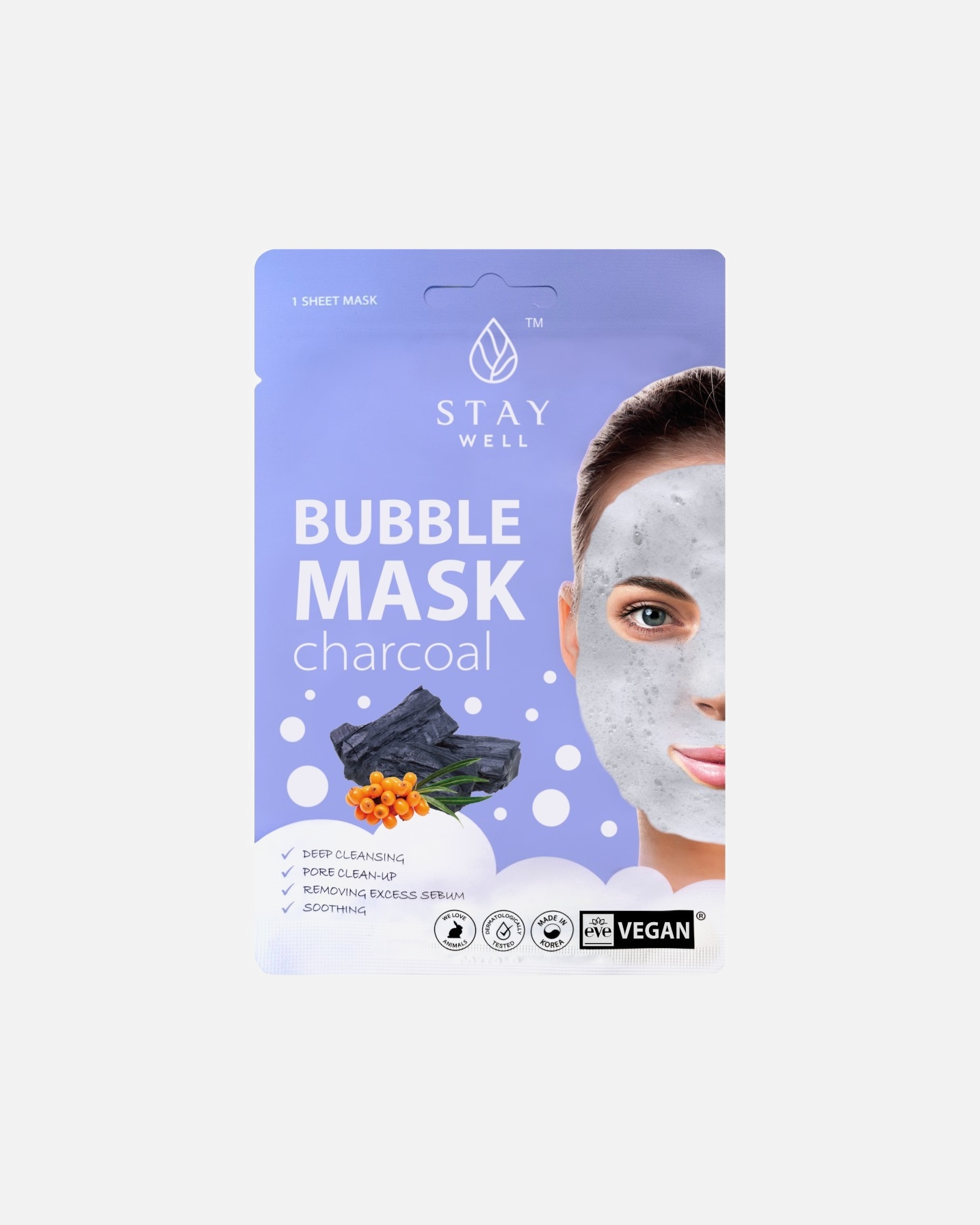 Lakštinė veido kaukė UnisexStay WellDeep Cleansing Bubble Mask – Charcoal20 g