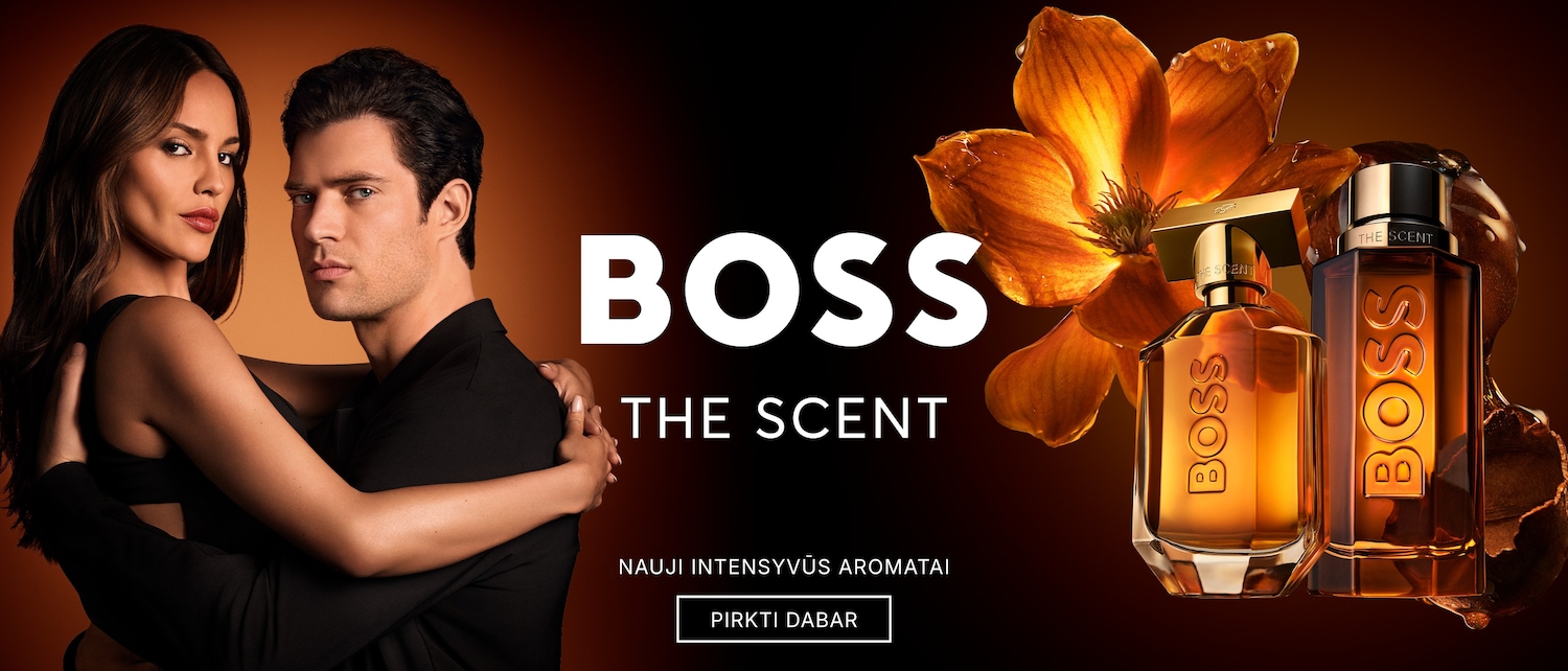„BOSS The Scent“ reklaminis plakatas su pora, gėlėmis ir kvepalų buteliukais; užrašas skelbia „Nauji intensyvūs aromatai“ ir ragina „Pirkti dabar“.