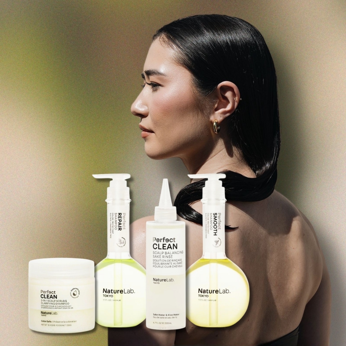Šampūns NatureLab Tokyo Perfect Clean, kas paredzēts galvas ādas skrubim un attīrīšanai, Perfect Repair šampūns bojātiem matiem un Perfect Smooth šampūns nepaklausīgiem matiem.