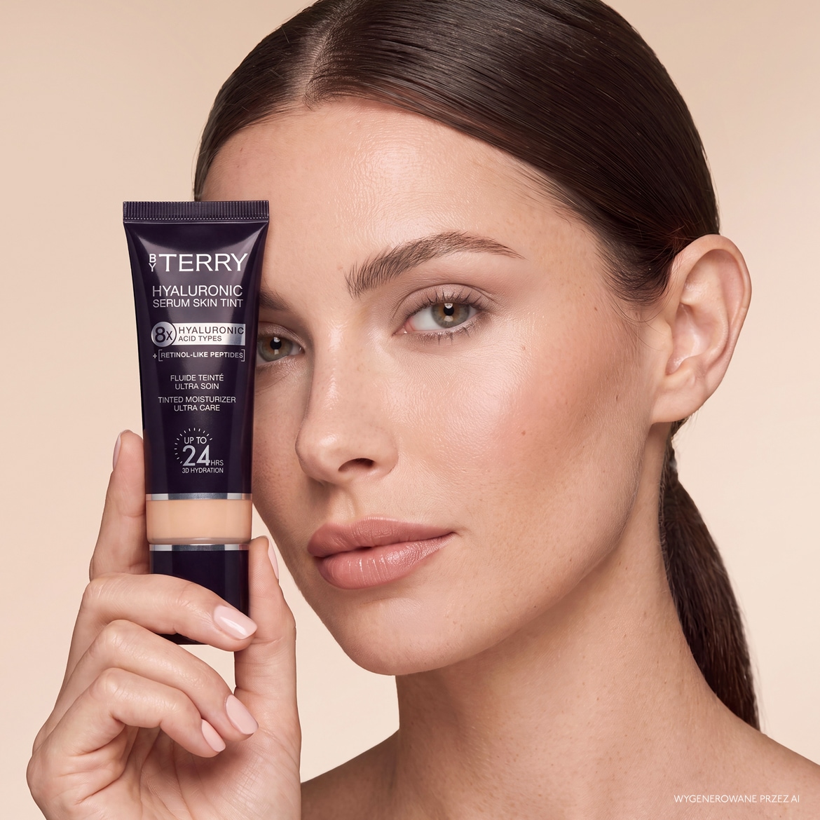 Moteris laiko „By Terry Hyaluronic Serum Skin Tint“ tamsiai violetiniame buteliuke su smėlio spalvos pagrindu, kuris suteikia 24 valandų drėkinimą ir yra praturtintas 8 hialurono rūgšties tipais bei į retinolį panašiais peptidais.