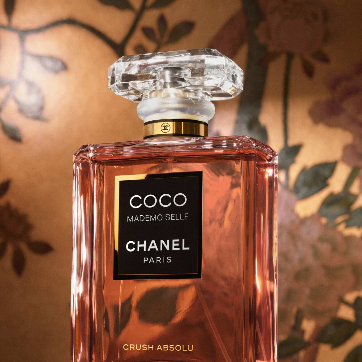 Coco Mademoiselle Chanel Paris Crush Absolu kvepalai elegantiškame stačiakampiame buteliuke su skaidriu kristaliniu kamšteliu ir auksiniu apvadu, užrašas juodame fone.