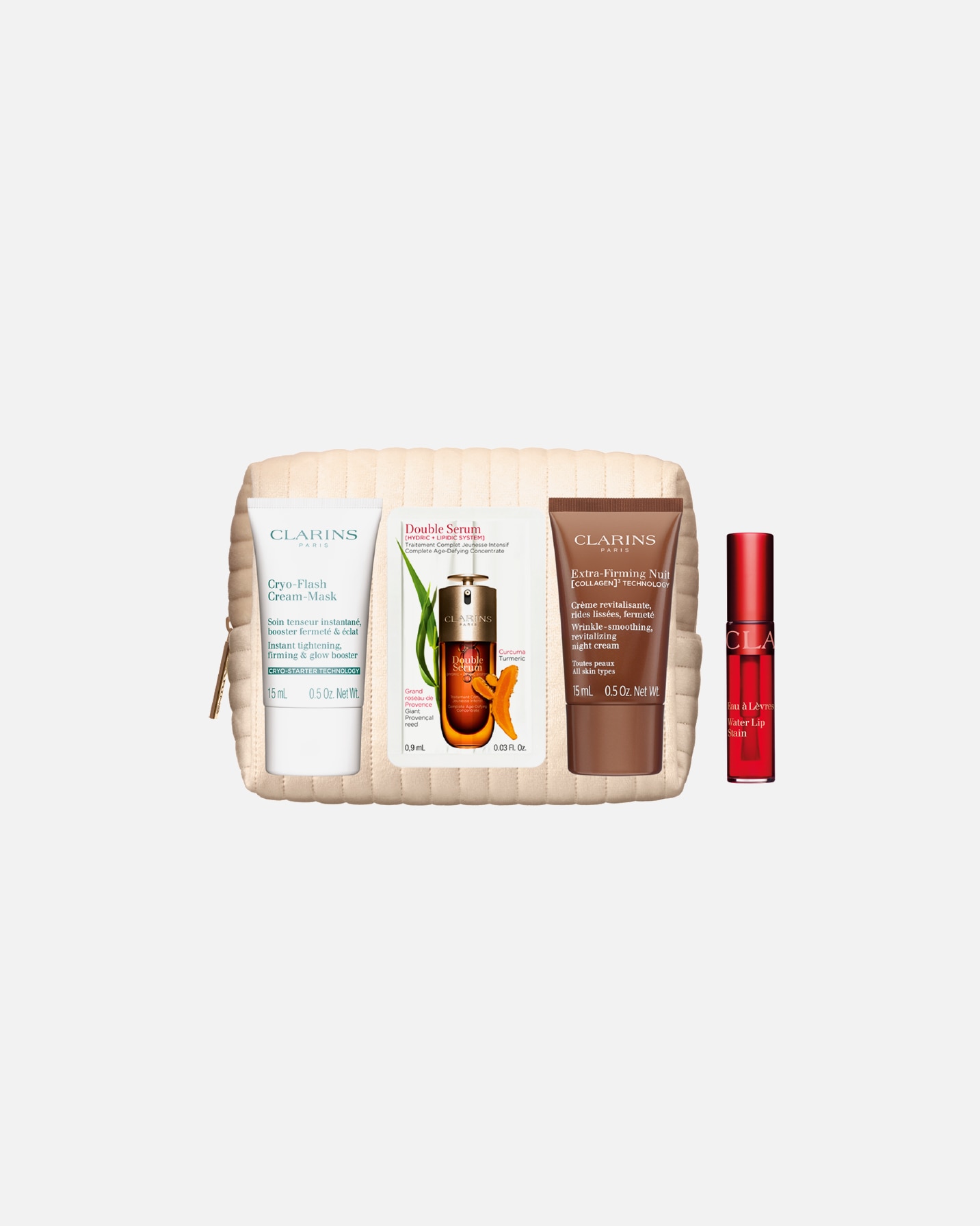 Perkant CLARINS DOUBLE SERUM linijos priemonę – DOVANA CLARINS kosmetinė su mini priemonėmis.