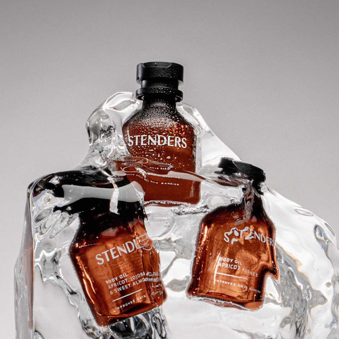 Try Stenders body oil with apricot, jojoba and sweet almond, presented in brown glass bottles, partially encased in clear ice, promising to improve your skin barrier.