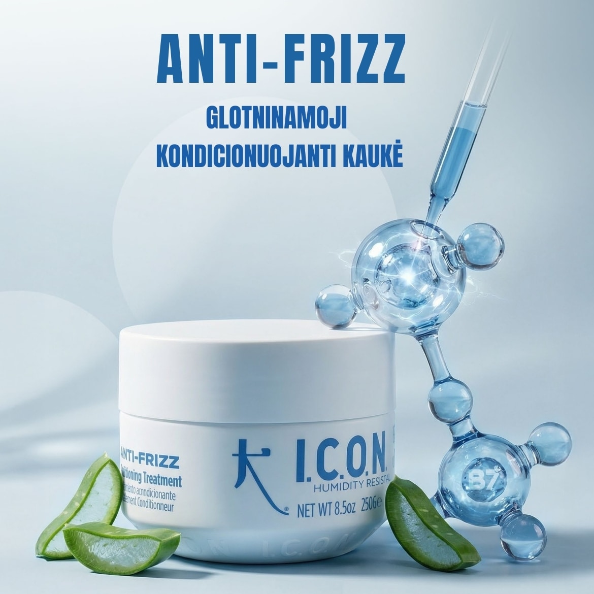 Baltoje pakuotėje I.C.O.N Anti-Frizz plaukų kaukė, papuošta alavijo griežinėliais ir molekuline struktūra, pažymi drėgmei atsparią formulę, skirtą nepaklusniems plaukams suvaldyti.