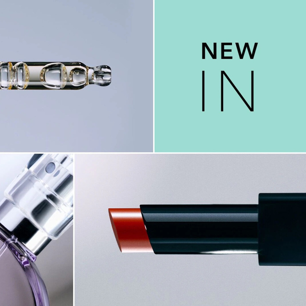 Koliažas su grožio produktų detalėmis – serumo pipete, buteliuko dozatoriumi ir lūpdažiu bei užrašu „NEW IN“.