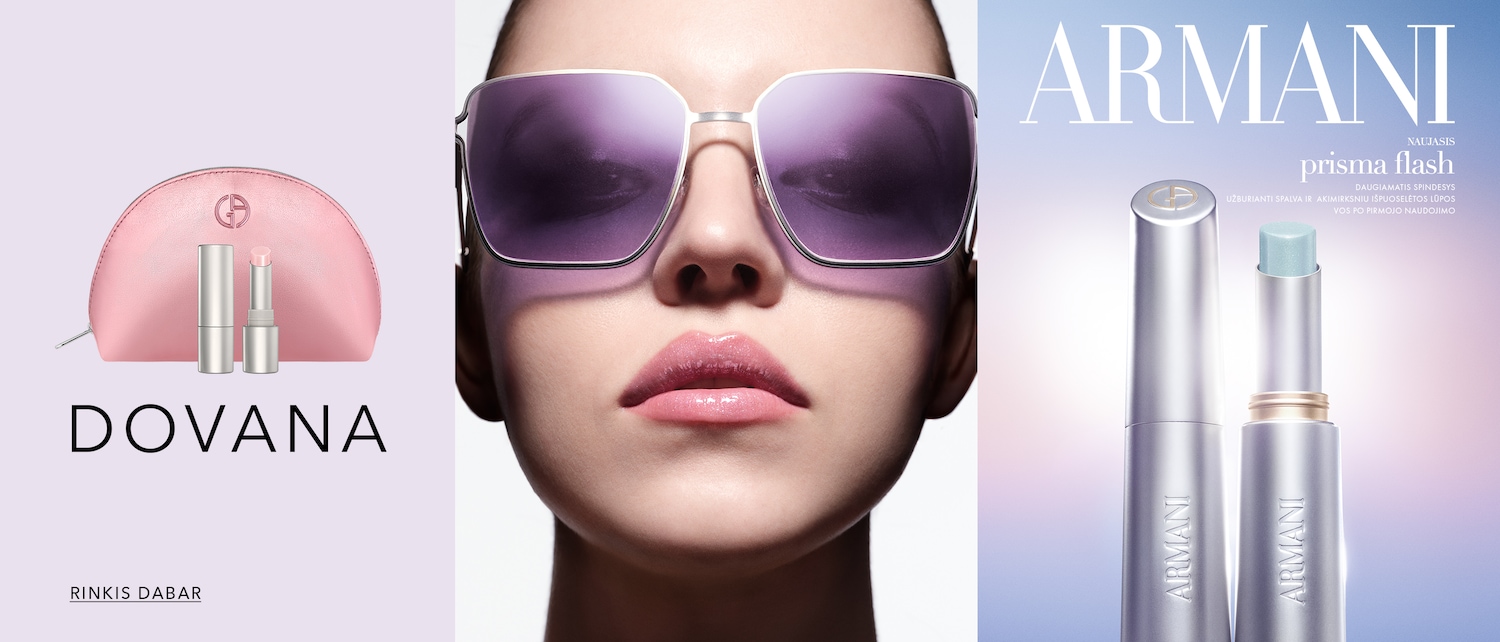 Šis reklaminis plakatas pristato „Armani“ lūpų balzamą „Prisma Flash“, kuris suteikia daugiamatį spindesį ir akimirksniu puoselėja lūpas jau po pirmojo naudojimo. Rinkitės dabar ir gaukite dovanų!