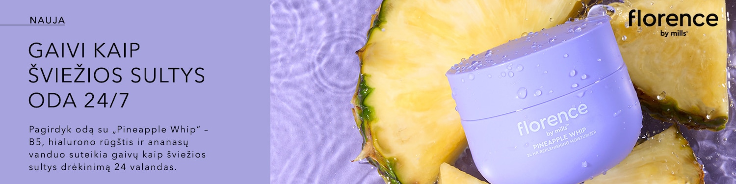 Šis „Florence by Mills“ kremas drėkina odą 24 valandas, suteikdamas jai gaivumo pojūtį, lyg ką tik išspaustos sultys, su B5, hialurono rūgštimi ir ananasų vandeniu.