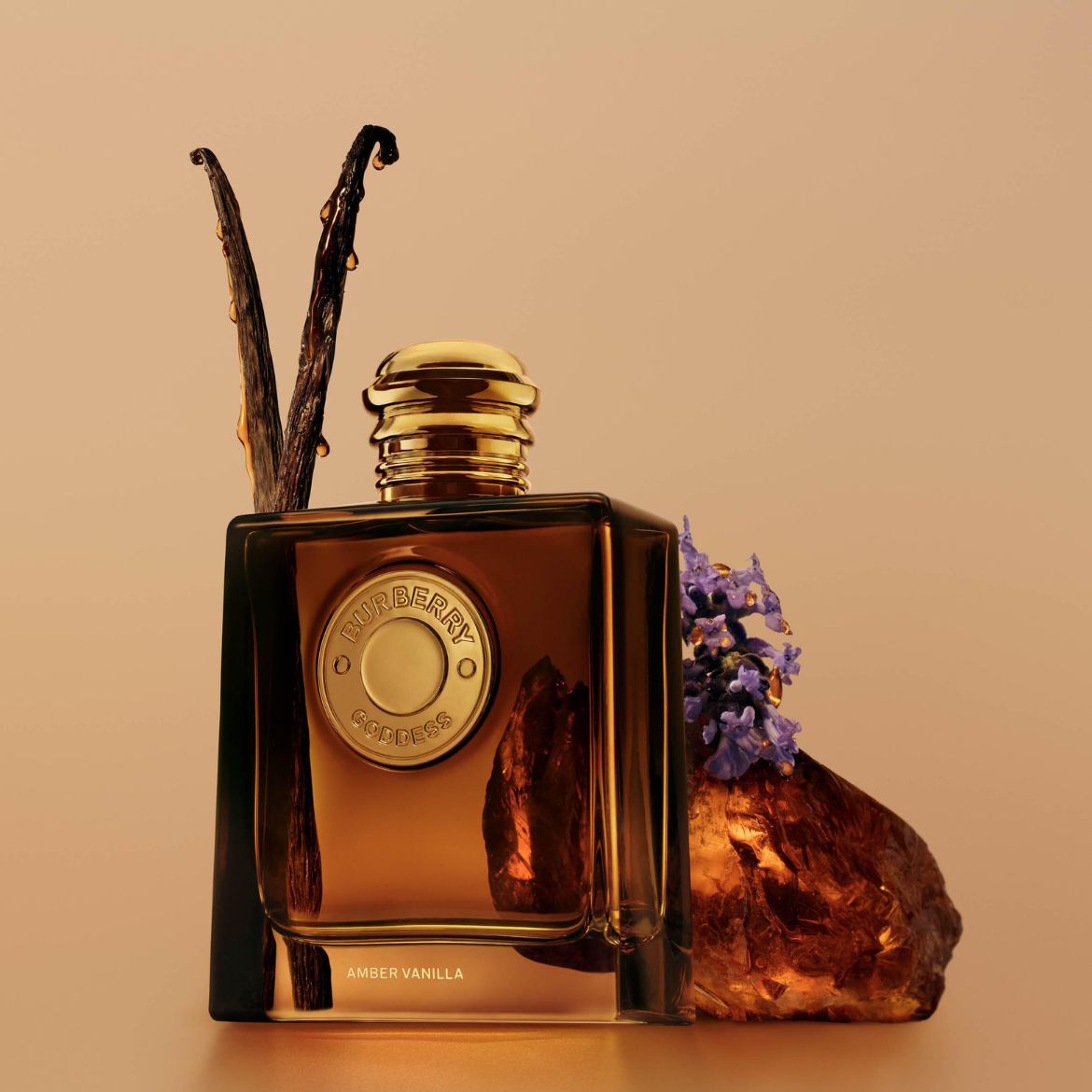 „Burberry Goddess Amber Vanilla“ kvepalai yra gintaro spalvos buteliuke su auksiniu dangteliu, šalia vanilės ankščių ir violetinių gėlių, ant šviesiai rudos spalvos fono.