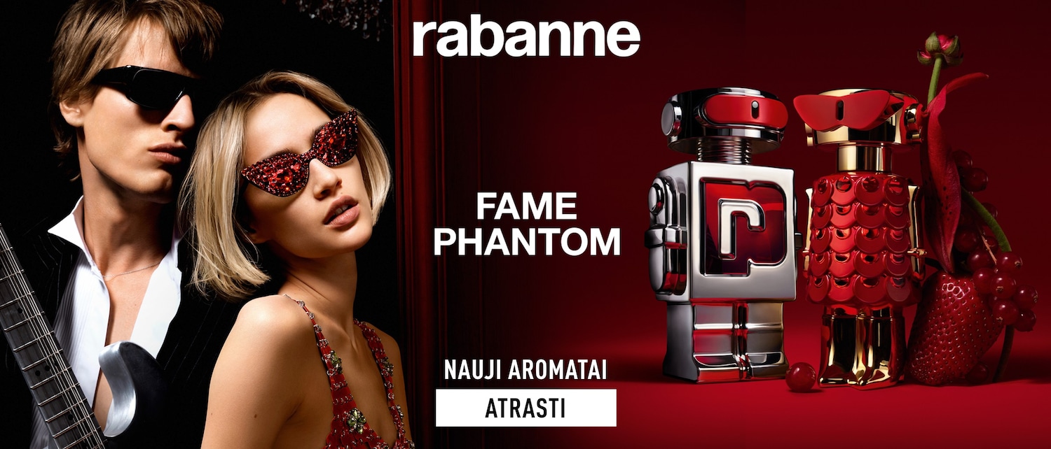 RABANNE pristato naujus aromatus FAME ir PHANTOM: sidabrinis robotas vyrams ir raudonas robotas moterims, raginantis atrasti naujus kvapus.