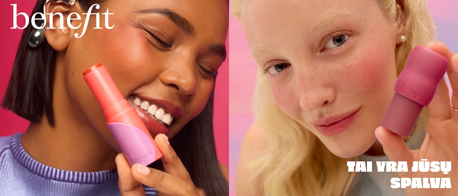 Štai „Benefit“ skaistalai lazdelių pavidalu, kurių spalva suteikia gaivumo ir gyvybingumo įvaizdžiui.