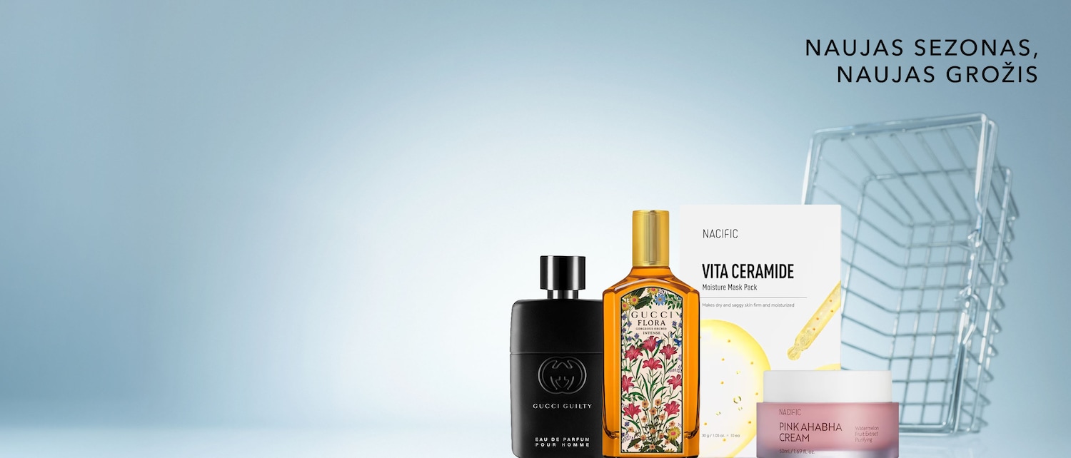 Naujas sezonas, naujas grožis: atraskite „Gucci Guilty Pour Homme“ juodą kvepalų buteliuką, „Gucci Flora Gorgeous Orchid Intense“ gėlių rašto buteliuką, „Nacific Vita Ceramide“ drėkinamąją kaukę ir „Nacific Pink AHA BHA“ kremą, skirtą odos priežiūrai.