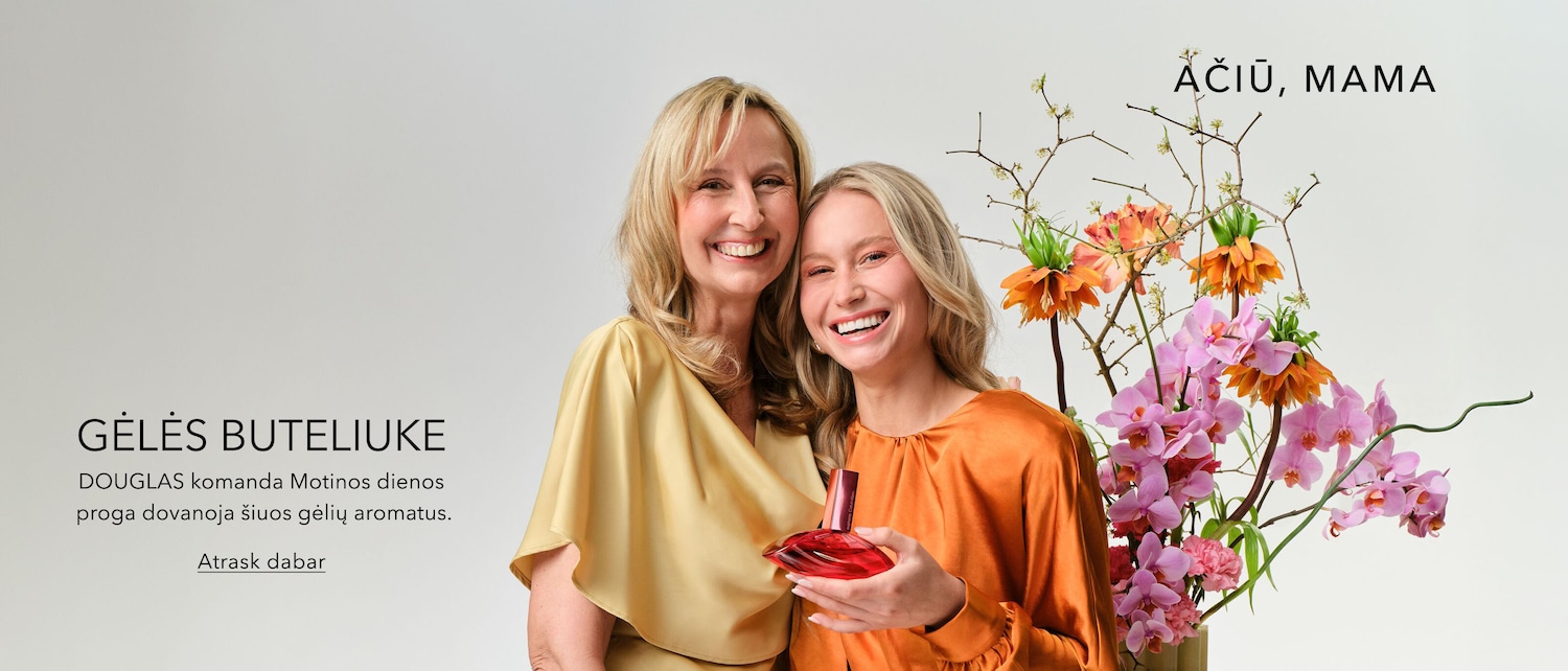 Šviesiame fone šypsosi motina ir dukra, rankose laikydamos raudoną kvepalų buteliuką, o šalia puikuojasi gėlės; užrašas skelbia: „Gėlės buteliuke. DOUGLAS komanda Motinos dienos proga dovanoja šiuos gėlių aromatus. Atrask dabar“.