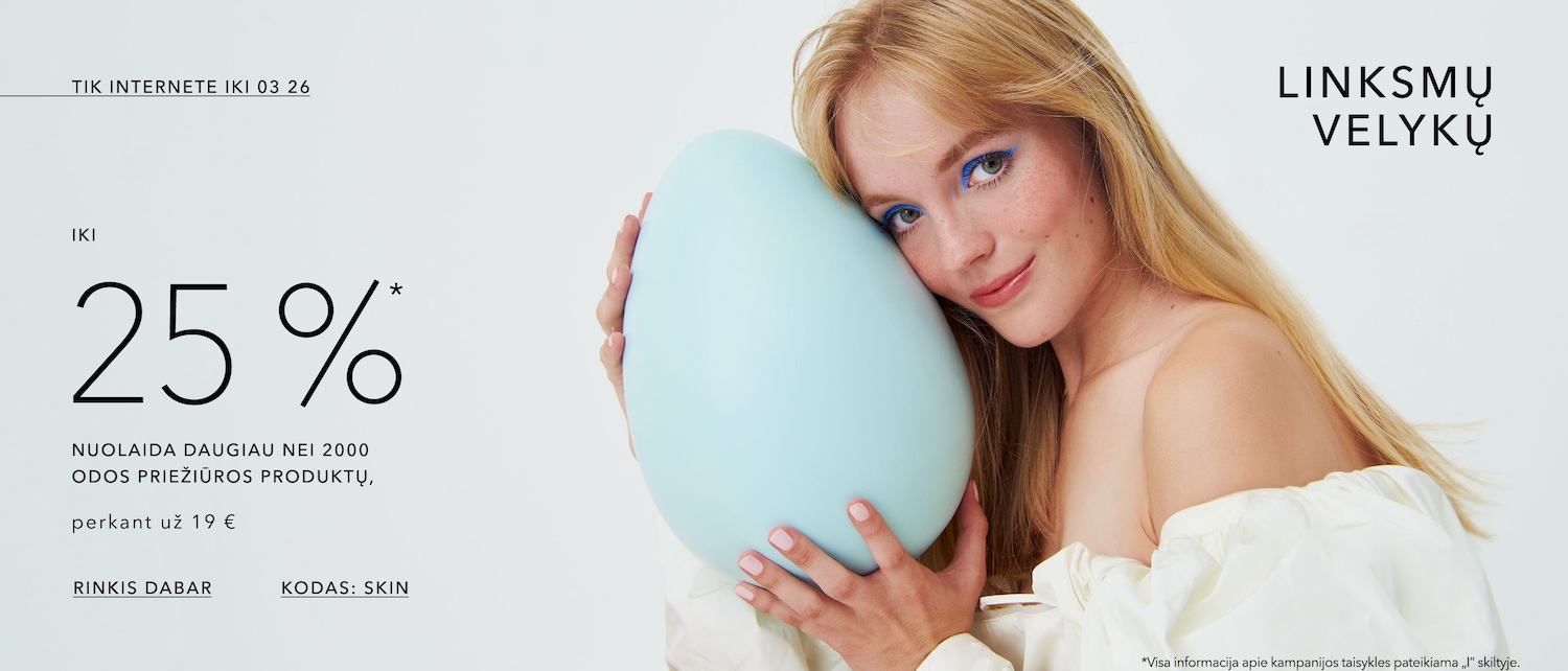 iki 25%* atrinktiems odos priežiūros produktams, perkant už 19 € kodas: skin