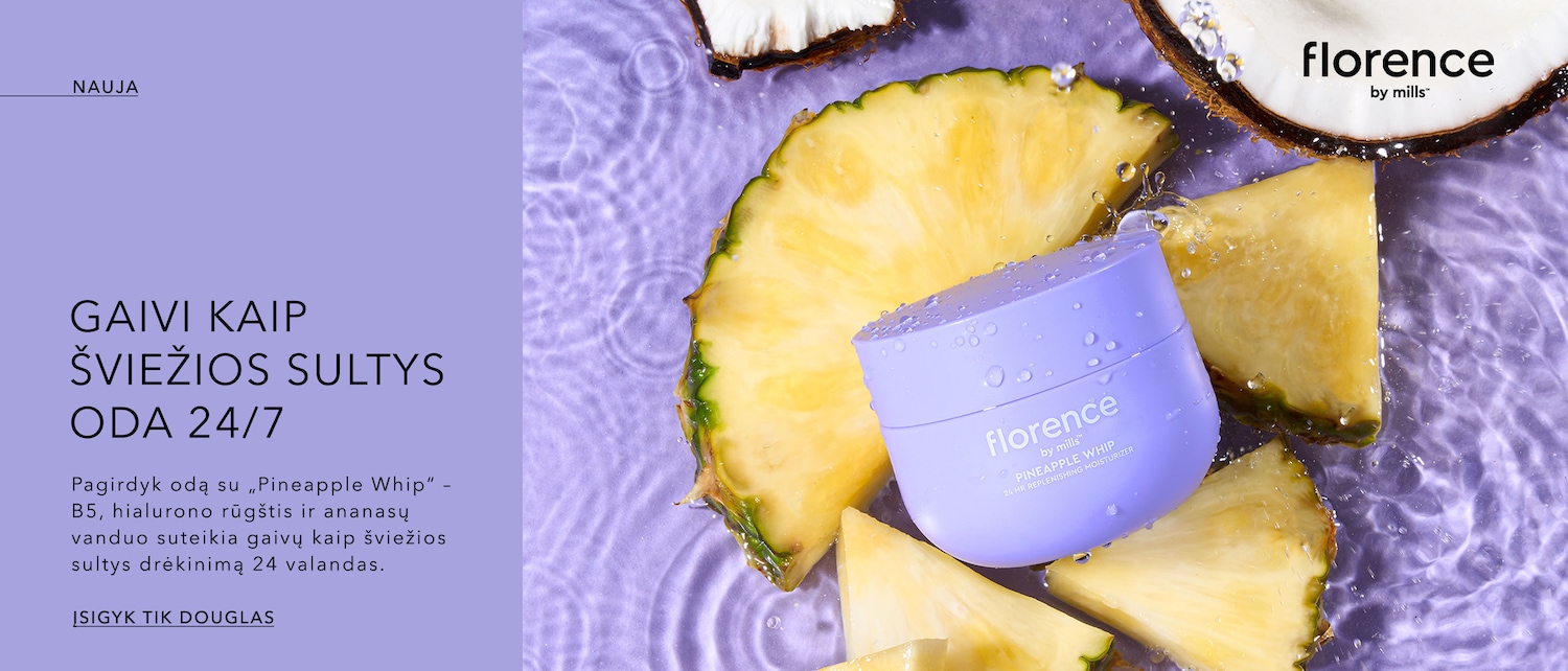 „Florence by Mills Pineapple Whip“ drėkinamasis kremas violetiniame indelyje, apsuptas ananasų griežinėlių ir kokoso gabalėlių ant violetinio fono, suteikia odai gaivumo pojūtį 24 valandas. Įsigykite Douglas.