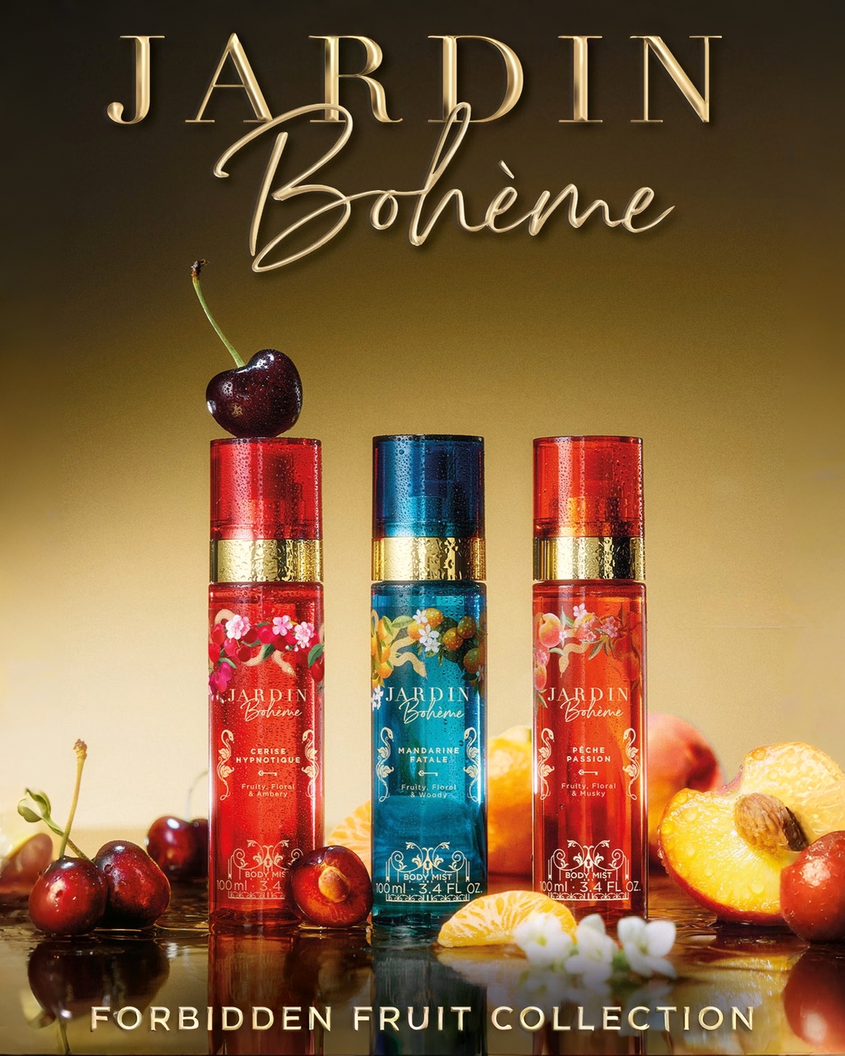 Atraskite Jardin Bohème uždraustų vaisių kolekciją, kurioje yra Cerise Hypnotique, Mandarine Fatale ir Pêche Passion kūno dulksnos, kurių kiekviena siūlo unikalų vaisių, gėlių aromatą.