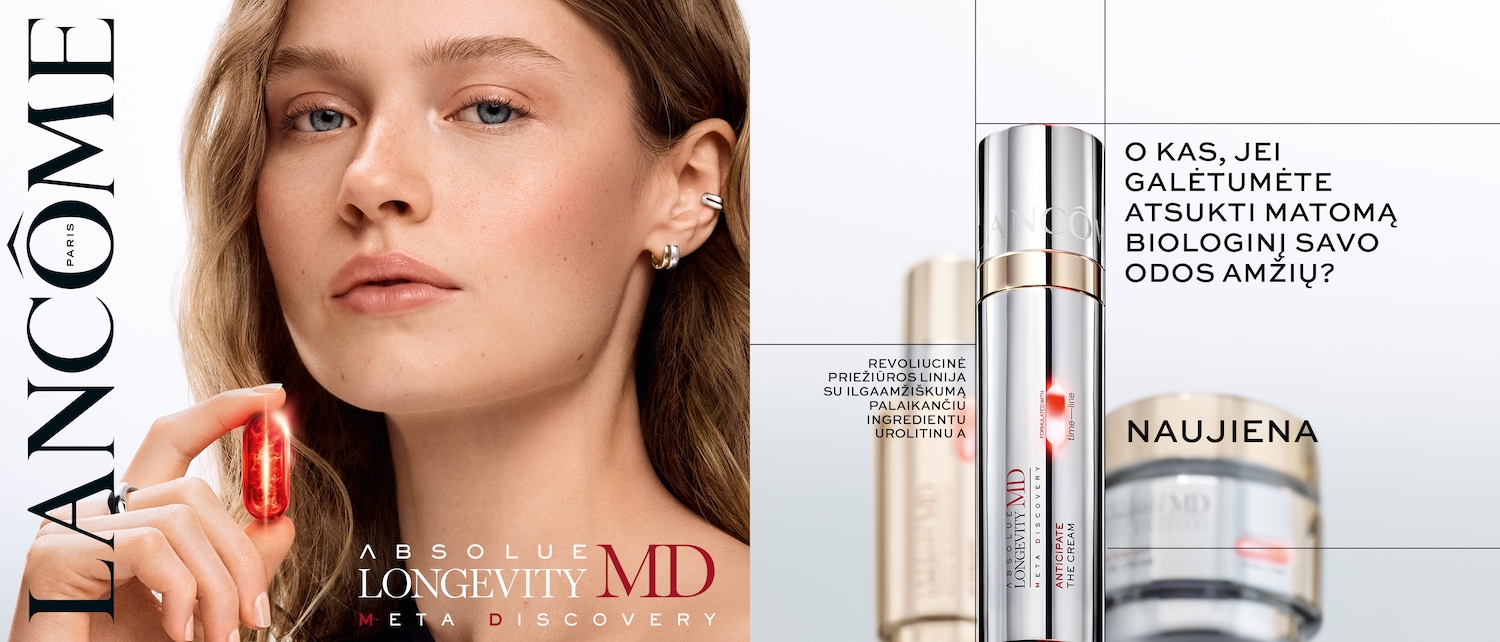 Discover Lancôme Absolue Longevity MD, a revolutionary skincare line with Urolitinu A ingredient, presented by a model holding a red capsule, promising to reverse the visible biological age of your skin.