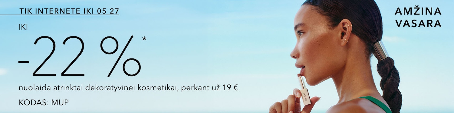 iki -22%* atrinktai dekoratyvinei kosmetikai, perkant pažymėtų šioje akcijoje dalyvaujančių prekių už 19 € KODAS: MUP