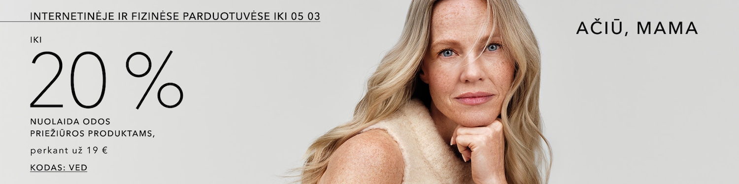 iki 20%* nuolaida atrinktiems odos priežiūros produktams, perkant pažymėtų šioje akcijoje dalyvaujančių prekių už 19 € Kodas: VED