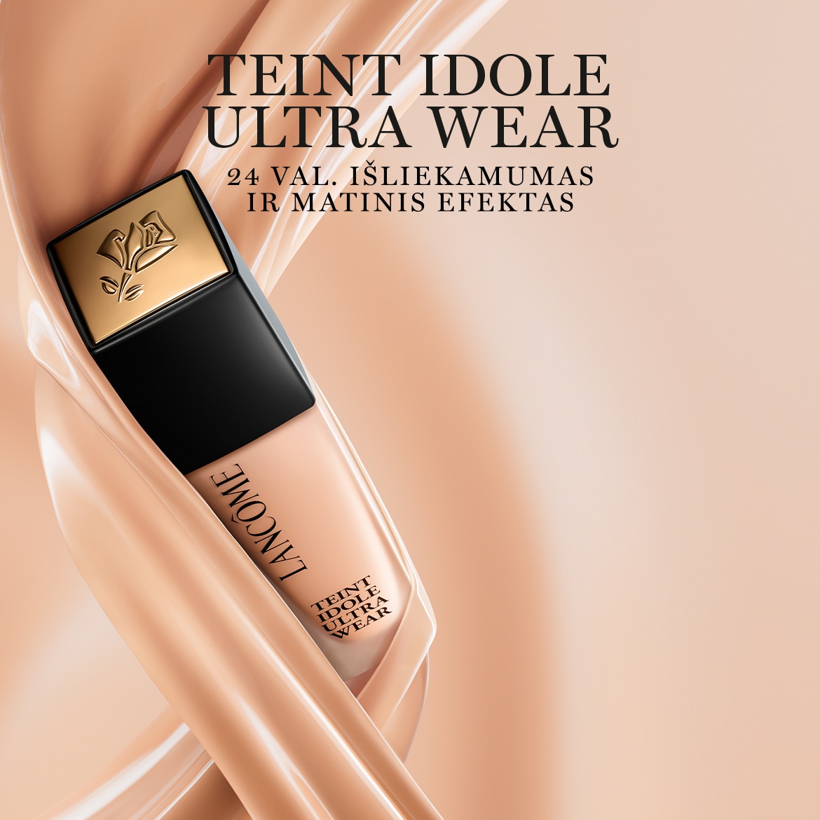 „Lancôme Teint Idole Ultra Wear“ makiažo pagrindas, kurio buteliukas yra apsuptas šviesiai rudos spalvos audinio, užtikrina 24 valandų išliekamumą ir matinį efektą.