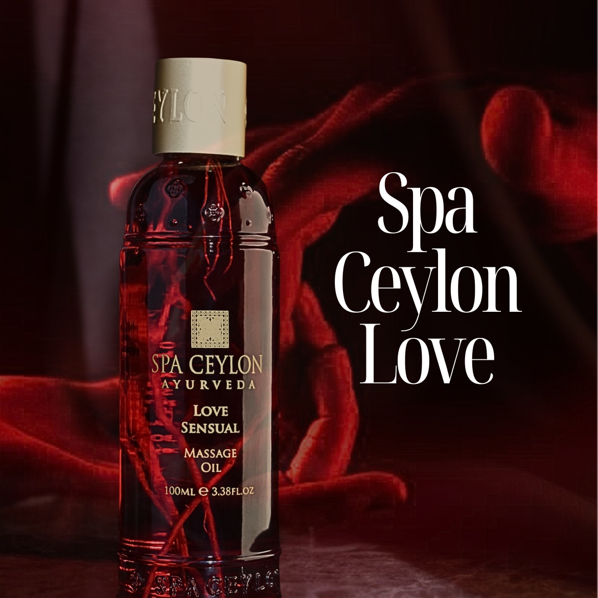 Šis „Spa Ceylon Ayurveda Love Sensual“ masažo aliejus yra supakuotas į tamsiai raudoną buteliuką su auksiniu dangteliu, žadantis prabangų pojūtį.