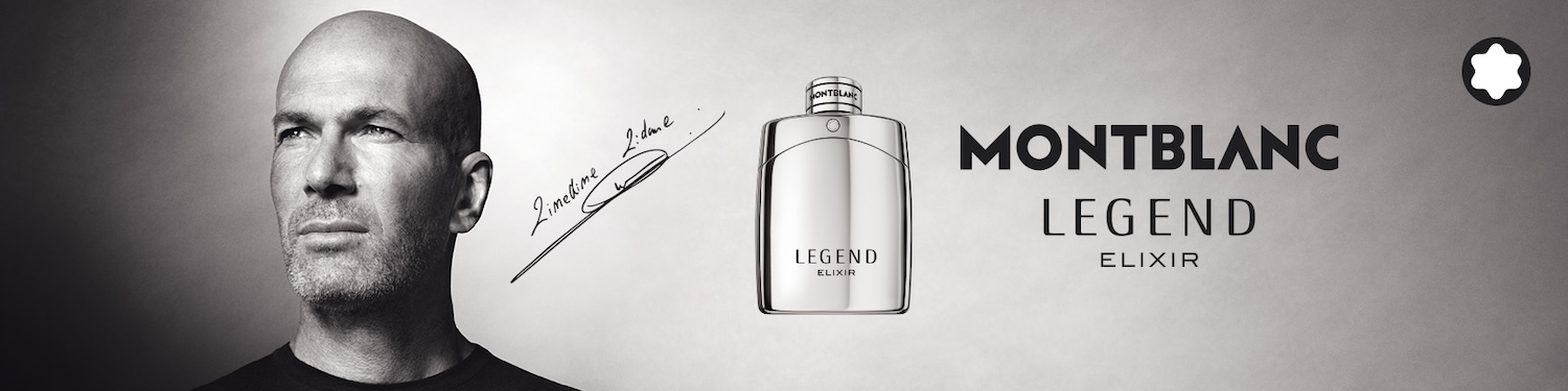 Juodai baltas vaizdas, kuriame matomas vyras, kvepalų buteliukas ir užrašas „Montblanc Legend Elixir“.