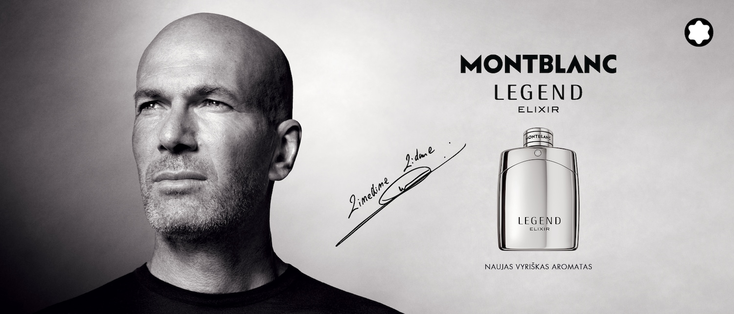 Juodai baltame fone matomas vyras, šalia jo – „Montblanc Legend Elixir“ kvepalų buteliukas sidabro spalvos korpusu ir užrašas „Naujas vyriškas aromatas“.