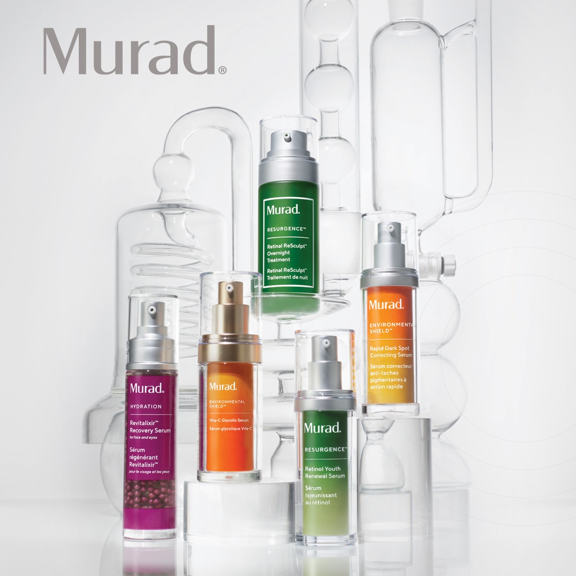 Įvairūs „Murad“ serumai, įskaitant „Resurgence Retinal ReSculpt Overnight Treatment“, „Hydration Revitalixir Recovery Serum“, „Environmental Shield Vita-C Glycolic Serum“ ir „Rapid Dark Spot Correcting Serum“.