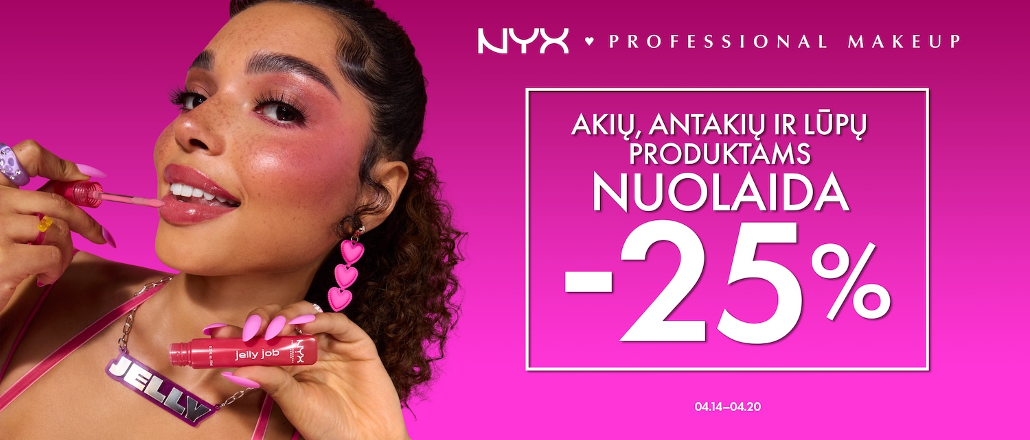 NYX Professional Makeup pristato Jelly Job lūpų blizgį ryškiai rožiniame įpakavime, suteikiantį lūpoms putlumo ir blizgesio efektą, o perkant akių, antakių ir lūpų produktus taikoma 25% nuolaida nuo balandžio 14 iki 20 d.