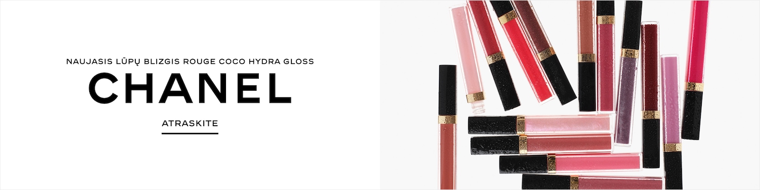 CHANEL Rouge Coco Hydra Gloss įvairių atspalvių lūpų blizgiai šviesiame fone