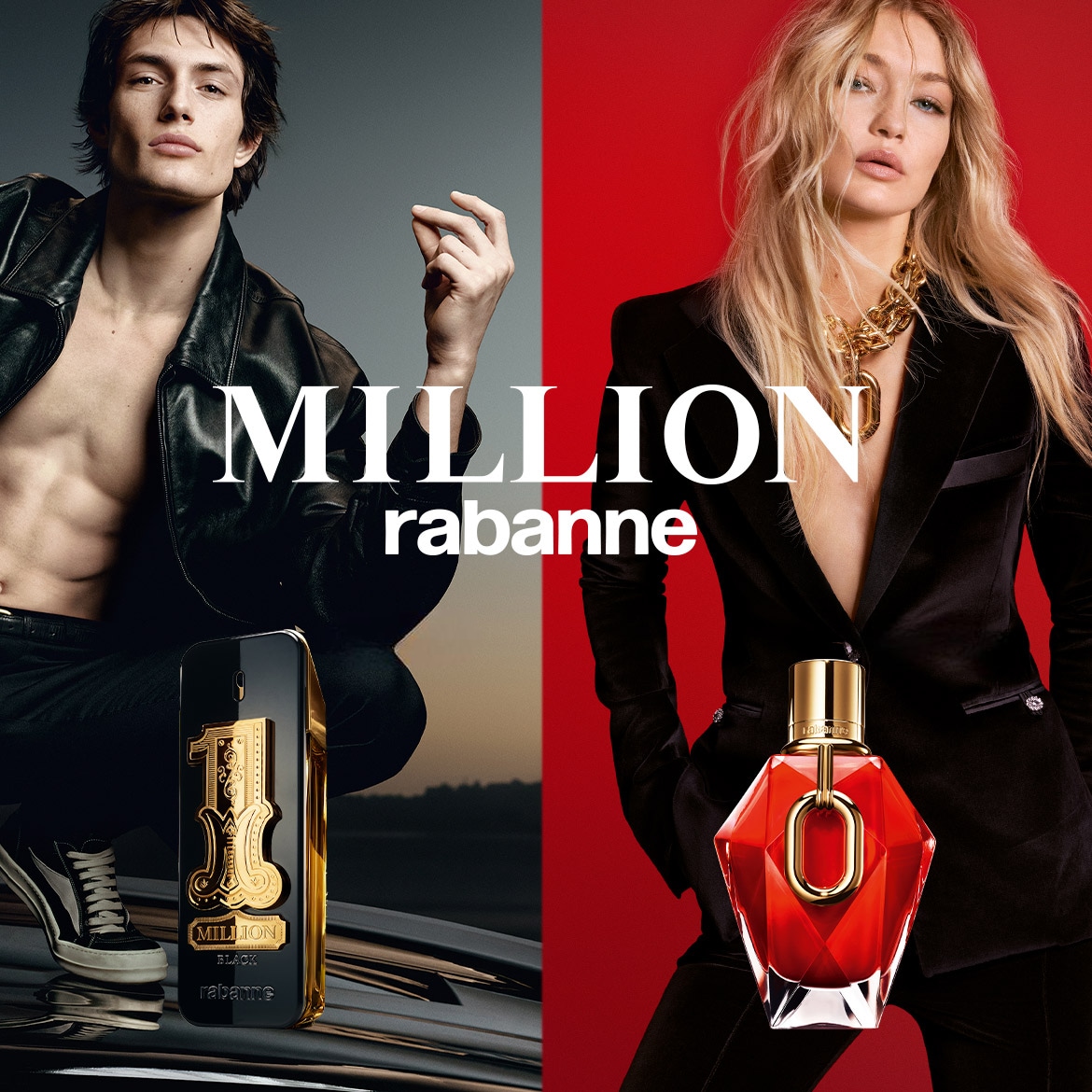 Išbandykite Rabanne kvepalus su modeliais, pozuojančiais šalia garsiųjų Million aromato buteliukų, ir įsigykite savo mėgstamą kvapą dabar!