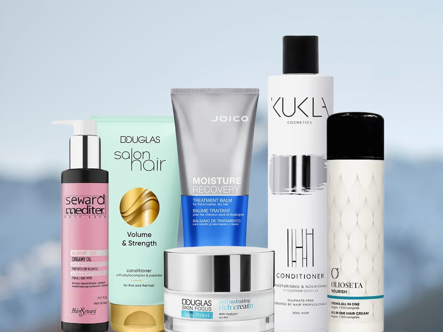 Įvairūs plaukų priežiūros produktai, įskaitant „Seward Mediter“ kreminį aliejų, „Douglas Salon Hair“ kondicionierių, „Joico Moisture Recovery“ balzamą ir „Kukla Cosmetics“ kondicionierių.