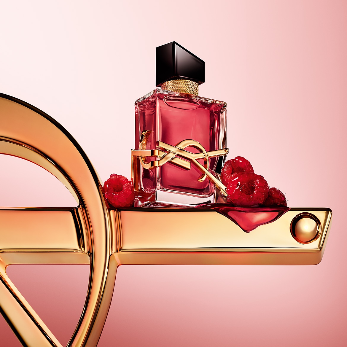 Kvepiantis vanduo YSL Libre uogų spalvos stikliniame buteliuke su juodu dangteliu ir auksinėmis raidėmis YSL, padėtas ant auksinės platformos su avietėmis.