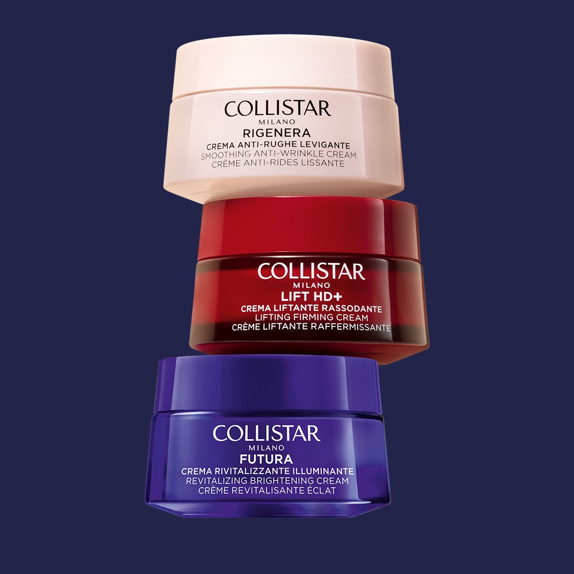 Trys „Collistar Milano“ kremai sukrauti vienas ant kito: „Rigenera“ kreminės spalvos pakuotėje, „Lift HD+“ raudonos spalvos pakuotėje ir „Futura“ mėlynos spalvos pakuotėje.
