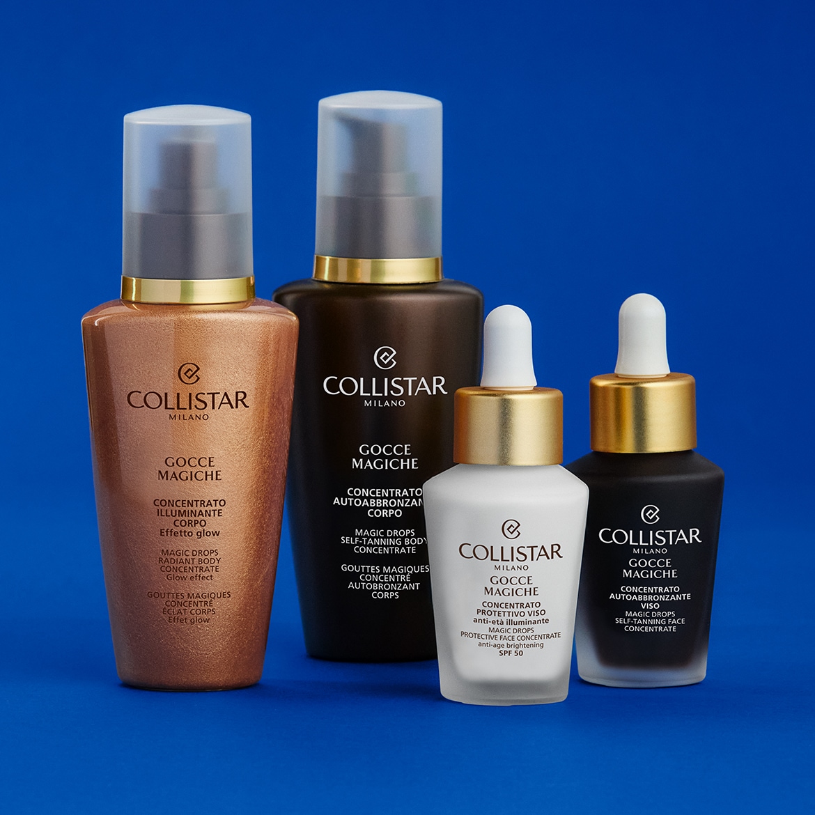 Keturių "Collistar Milano" kūno priežiūros priemonių kolekcija: bronzinis kūno losjonas, savaiminio įdegio priemonė, veido koncentratas su SPF 50 ir savaiminio įdegio veido koncentratas.