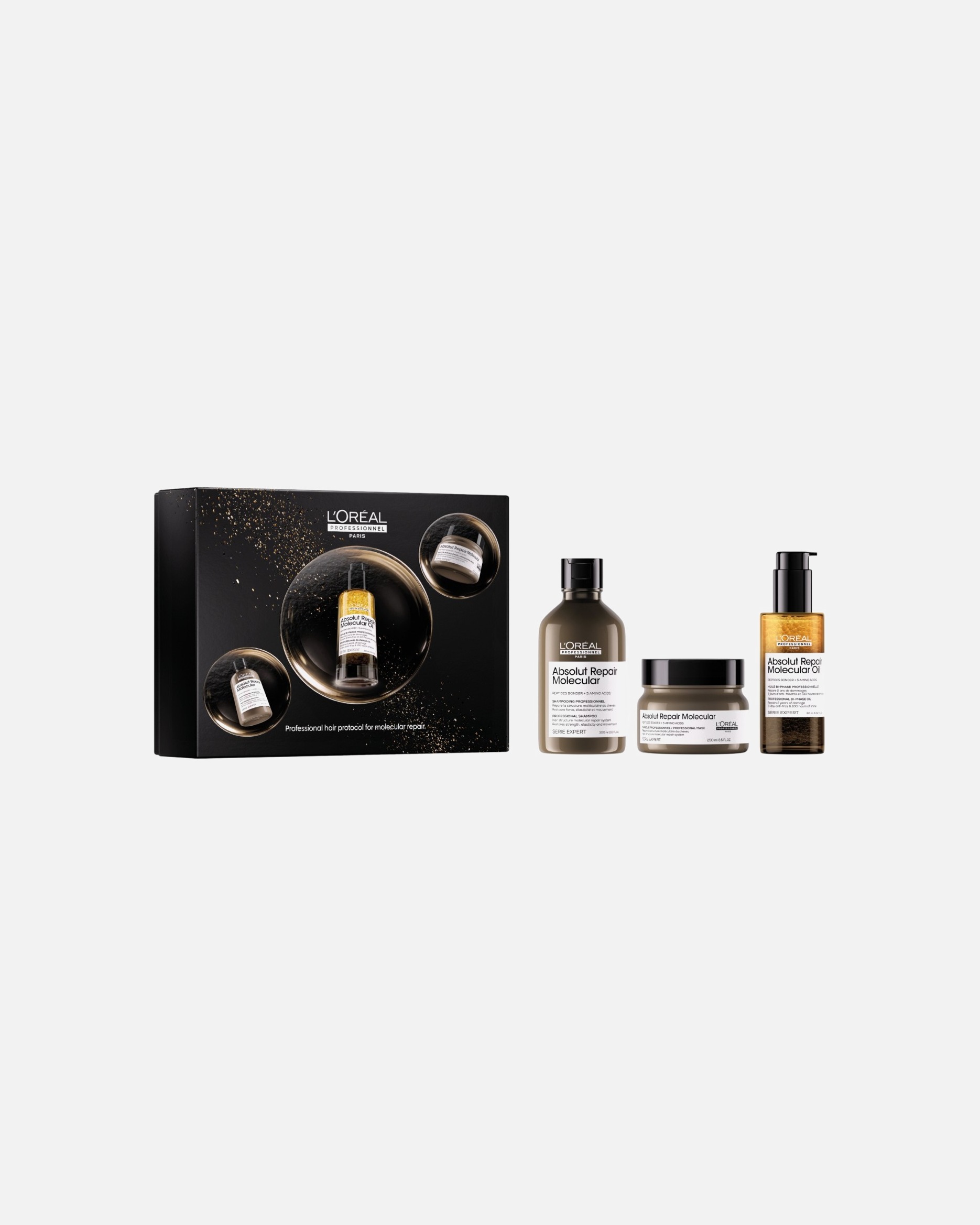Plaukų priežiūros rinkinys UnisexL´Oréal Professionnel ParisAbsolut Repair MolecularTRIO (Shampoo 300ml & Mask 250ml & Oil 90ml)1 vnt.