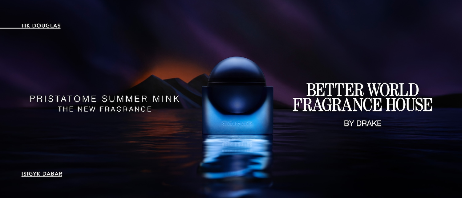 Naujas aromatas PRISTATOME SUMMER MINK iš BETTER WORLD FRAGRANCE HOUSE BY DRAKE, mėlynos spalvos flakonas su užrašu SUMMER MINK.