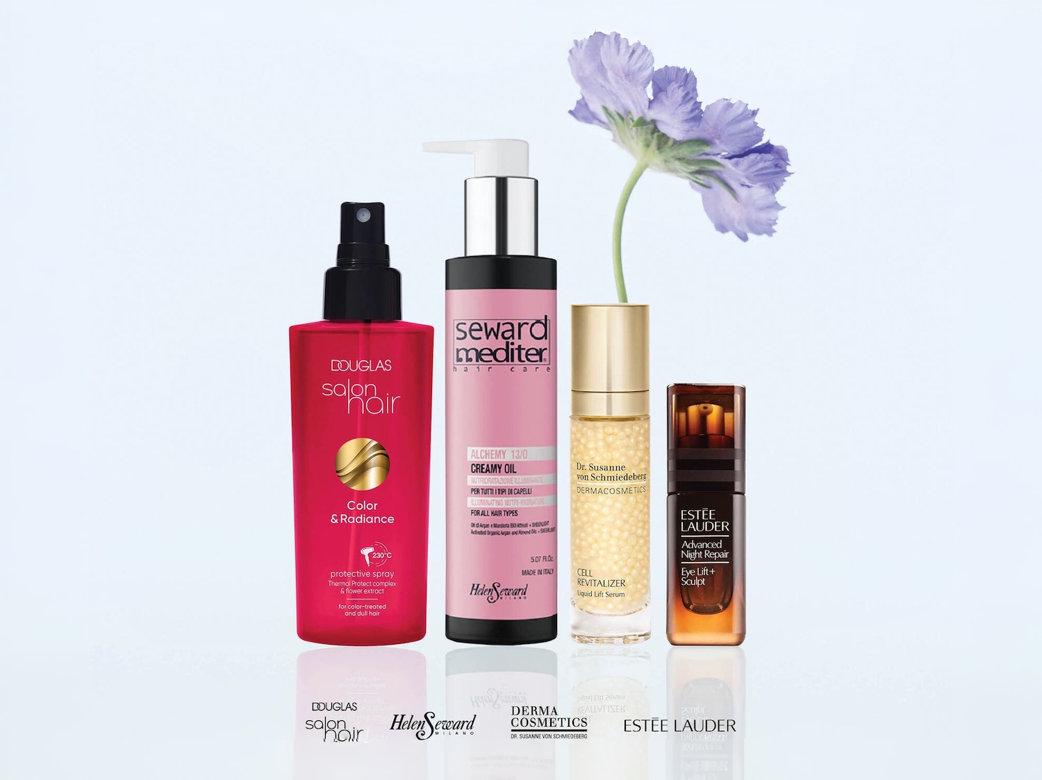 „Douglas Salon Hair Color & Radiance“ apsauginis purškiklis raudoname buteliuke su juodu purškimo antgaliu, skirtas apsaugoti dažytus ir blankius plaukus.