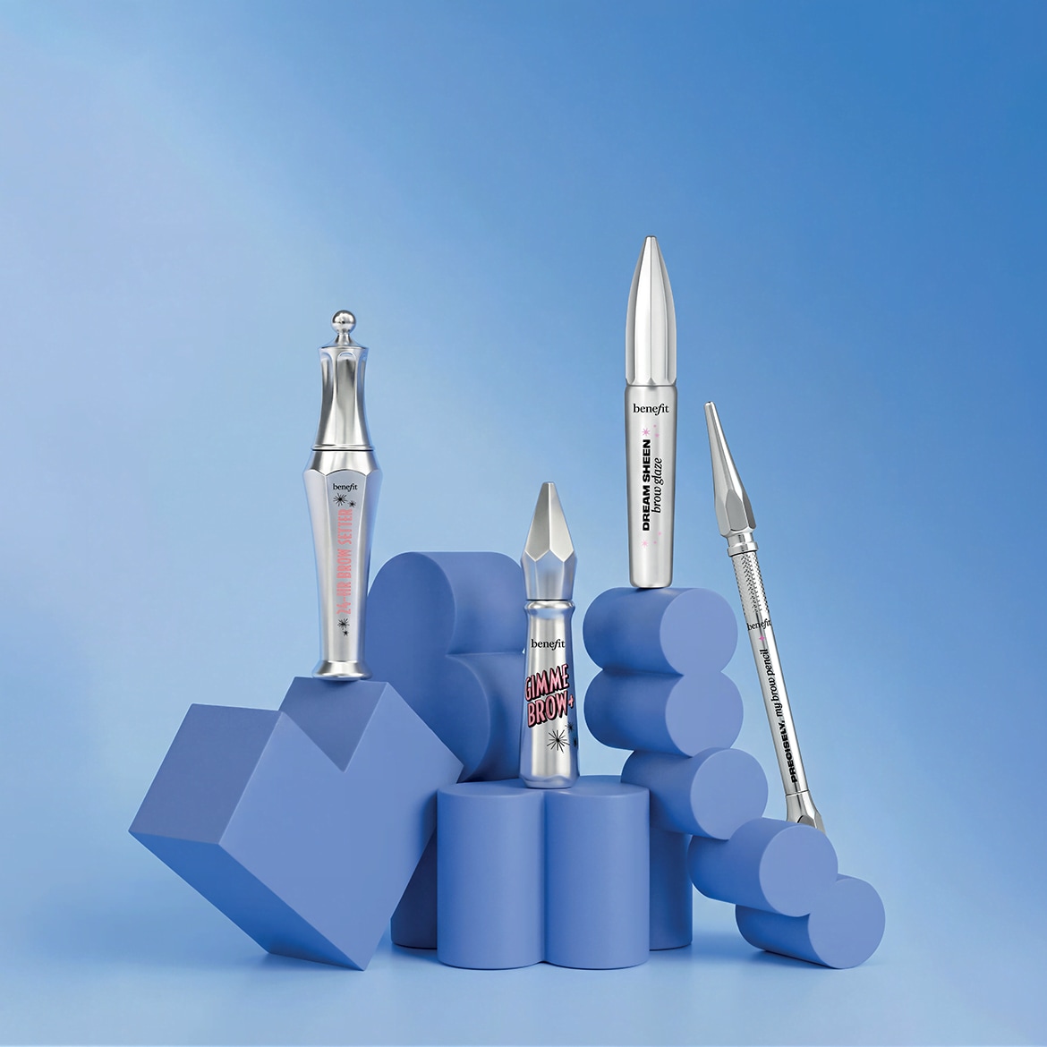 Benefit Cosmetics presents a collection of brow enhancers, including 24-HR BROW SETTER, GIMME BROW, PRECISELY, my brow pencil, and DREAM SHEEN brow glaze, displayed on a blue background.
