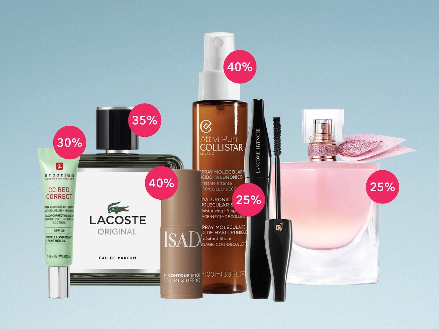 ERBORIAN, LACOSTE, ISADORA, COLLISTAR ir LANCÔME produktams taikomos nuolaidos nuo 25 % iki 40 %.